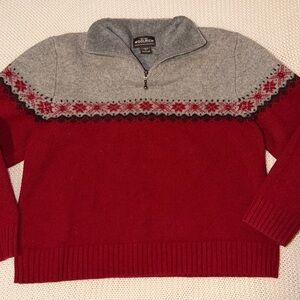 100% LAMBS WOOL Woolrich Women's Zip-Up Sweater in Red and Gray